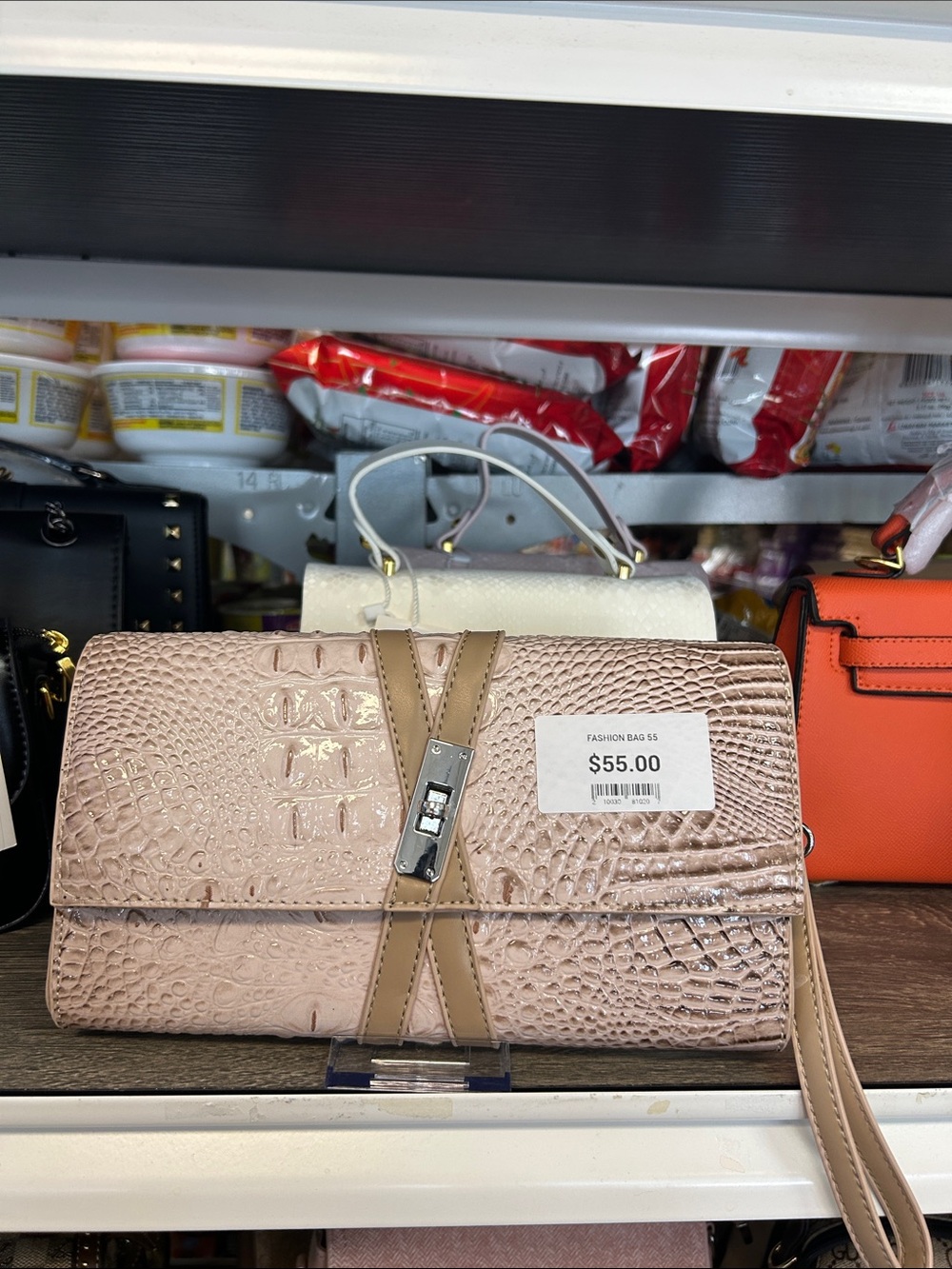 Neutral‎ Pink Croc-Embossed Crossbody Bag - Unbranded